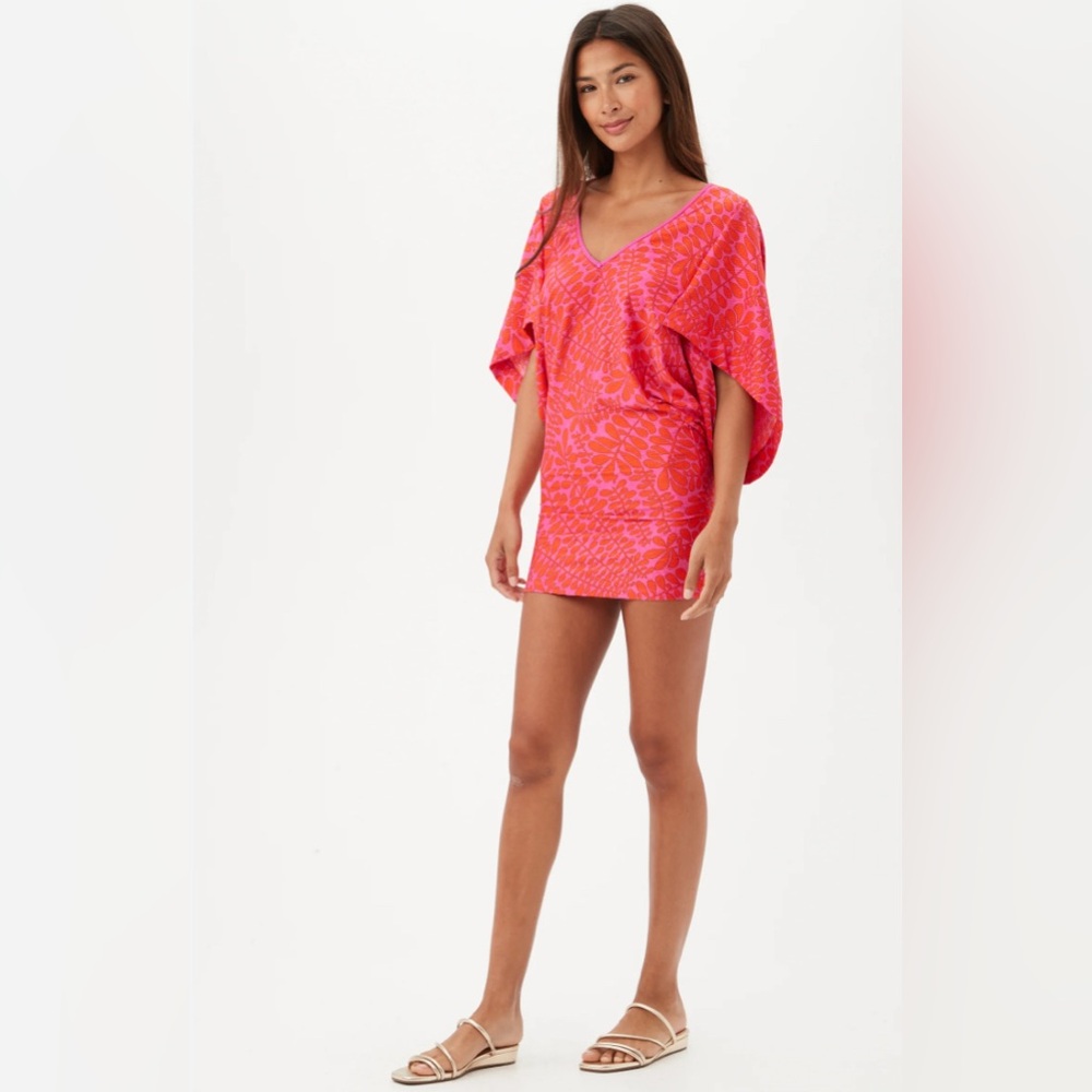 Trina Turk Trellis Pink and Orange Leaf Pattern Swim Tunic Coverup